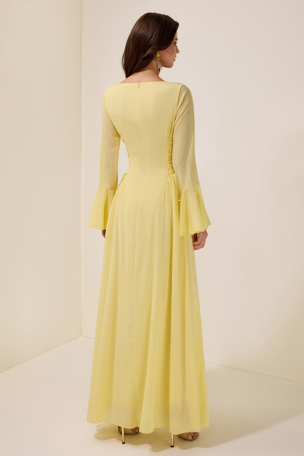Chiffon Beaded Tie-up Frill Maxi Dress