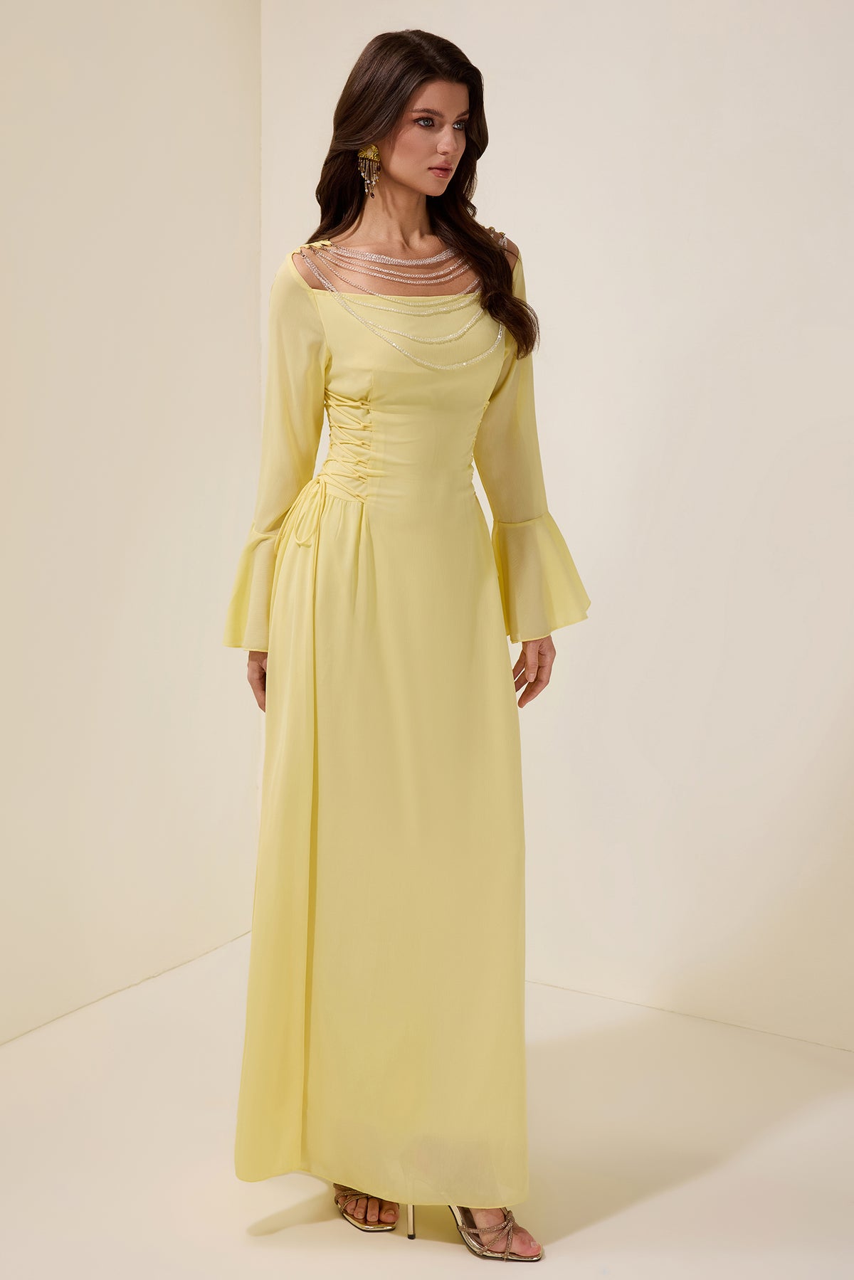 Chiffon Beaded Tie-up Frill Maxi Dress