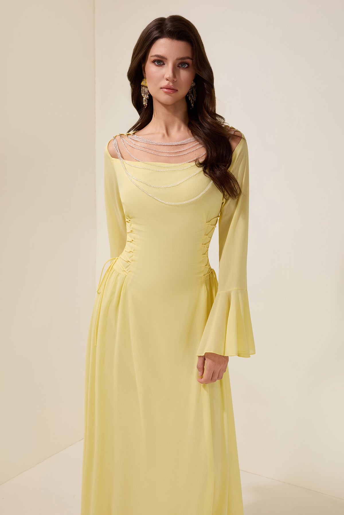 Chiffon Beaded Tie-up Frill Maxi Dress