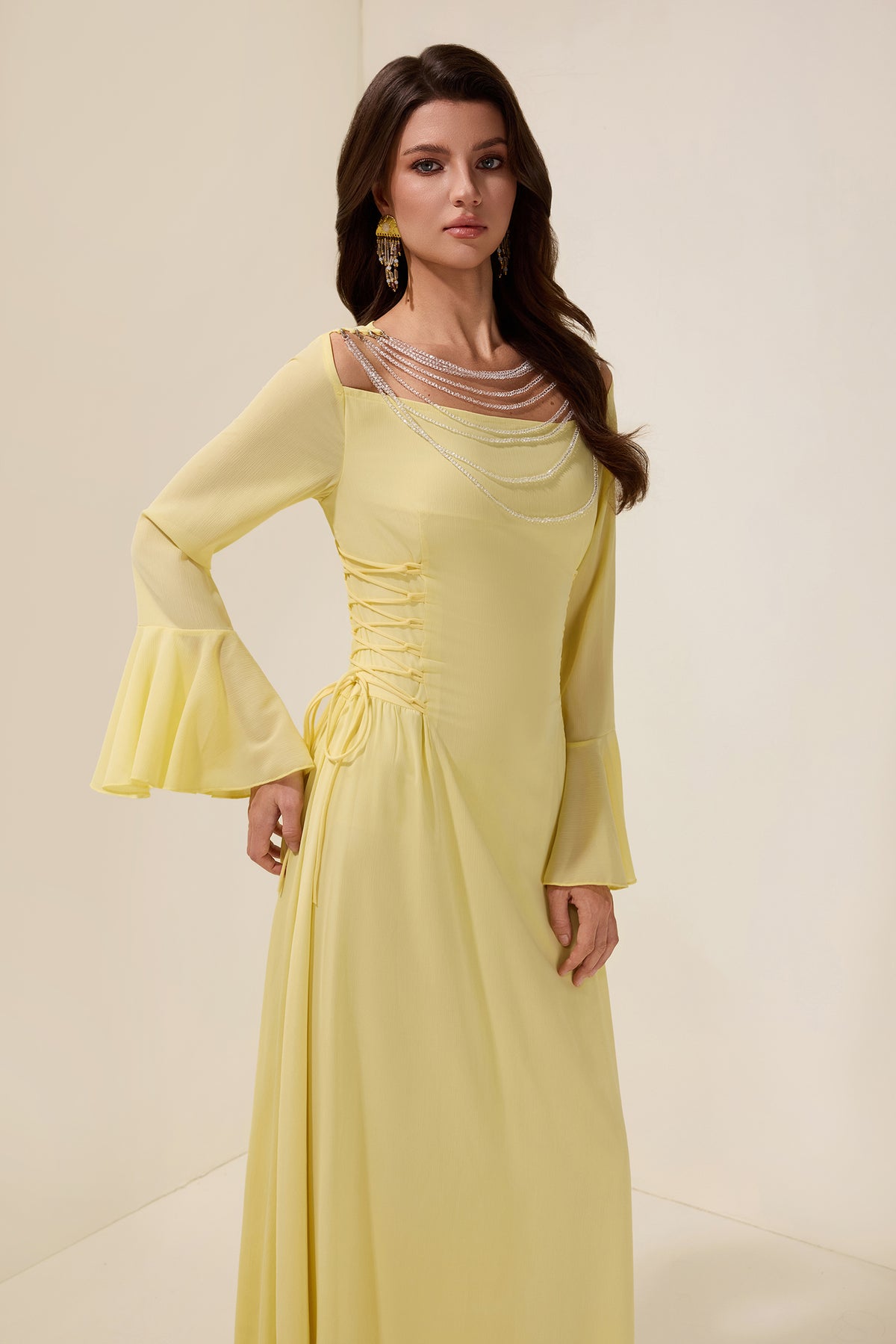 Chiffon Beaded Tie-up Frill Maxi Dress