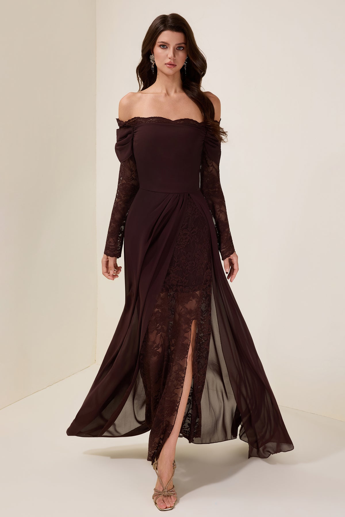 Lace Splicing Chiffon Off Shoulder Maxi Dress