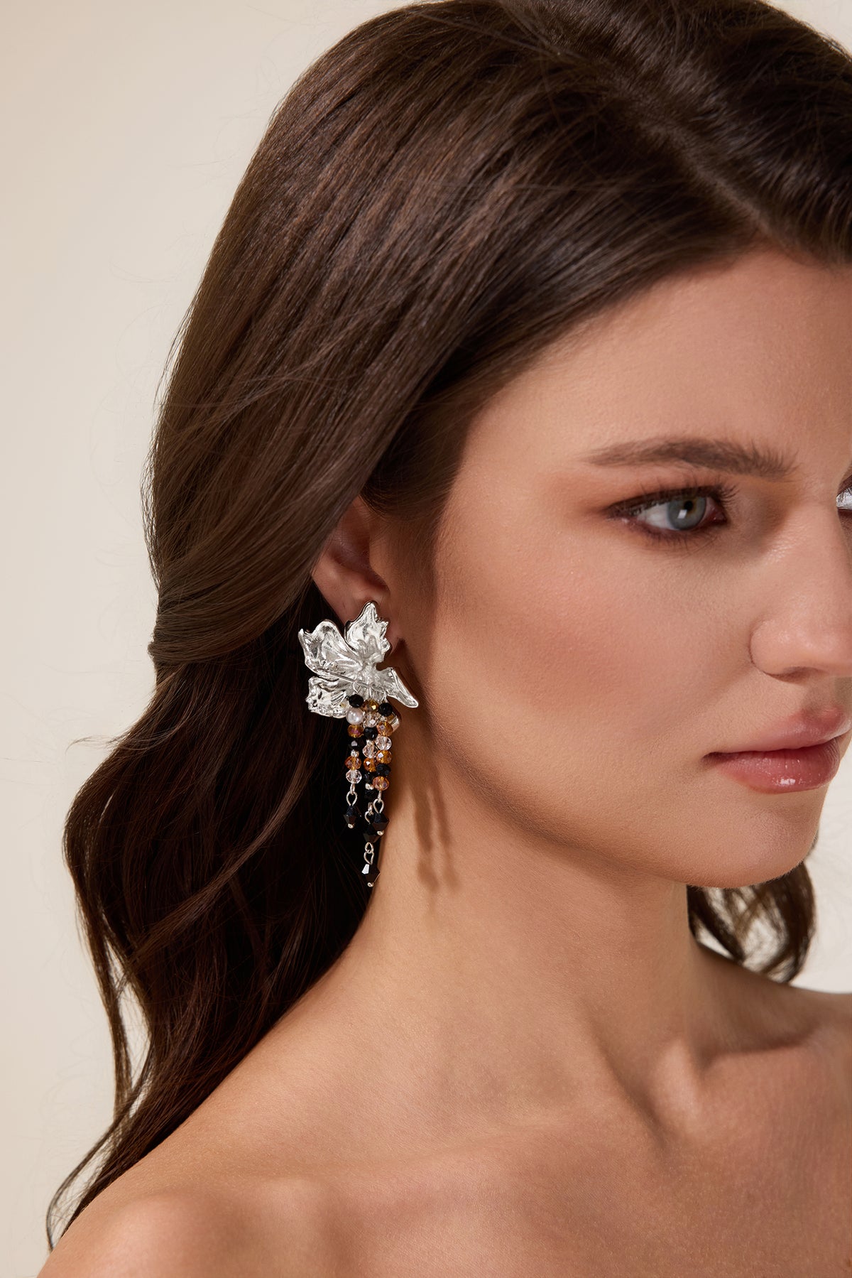 Floral Shape Beaded Tassel Metal Earrings