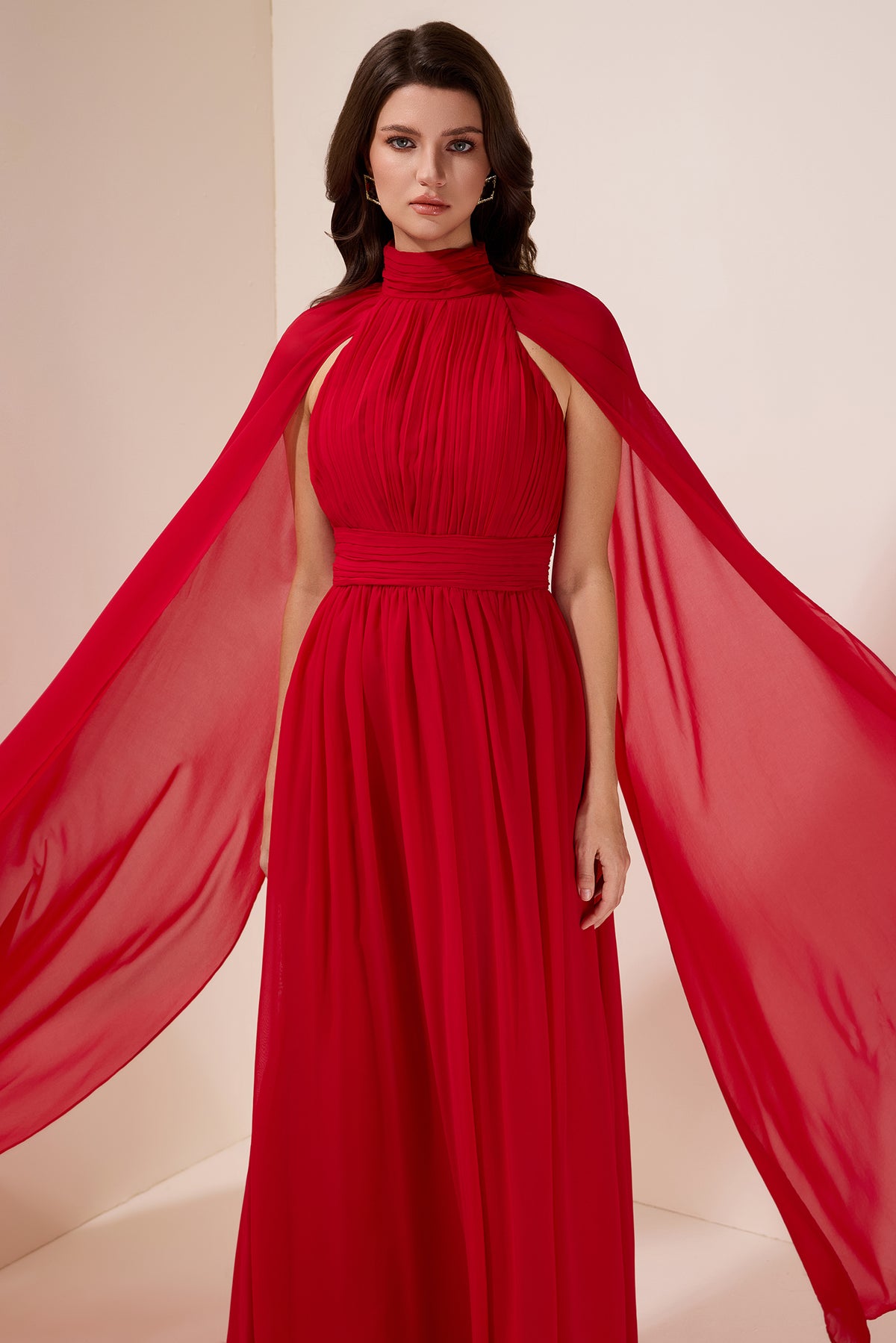 Chiffon Pleated Cape Sleeve Maxi Dress
