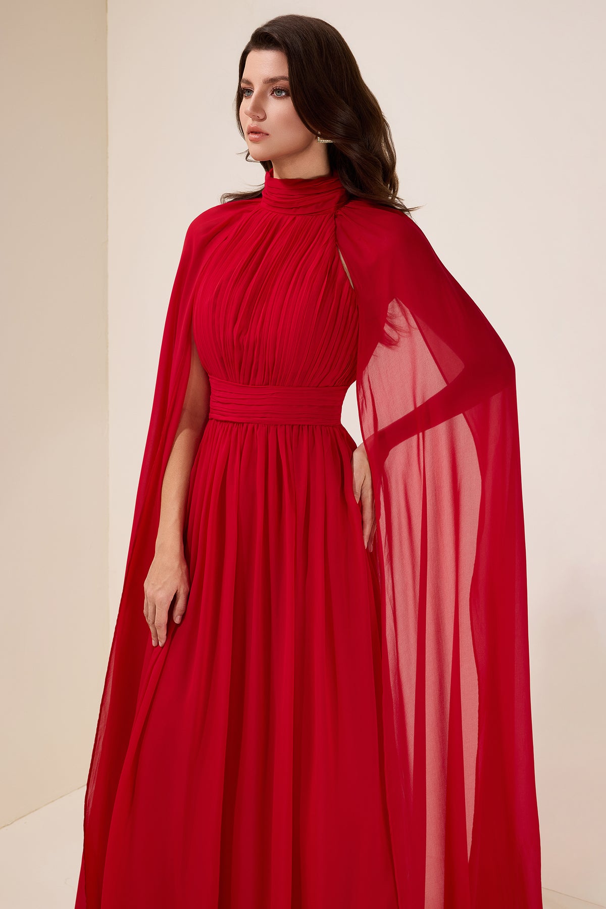 Chiffon Pleated Cape Sleeve Maxi Dress