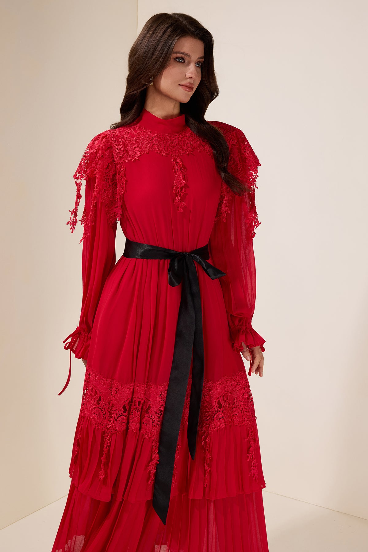 Lace Splicing Maxi Dress With Belt