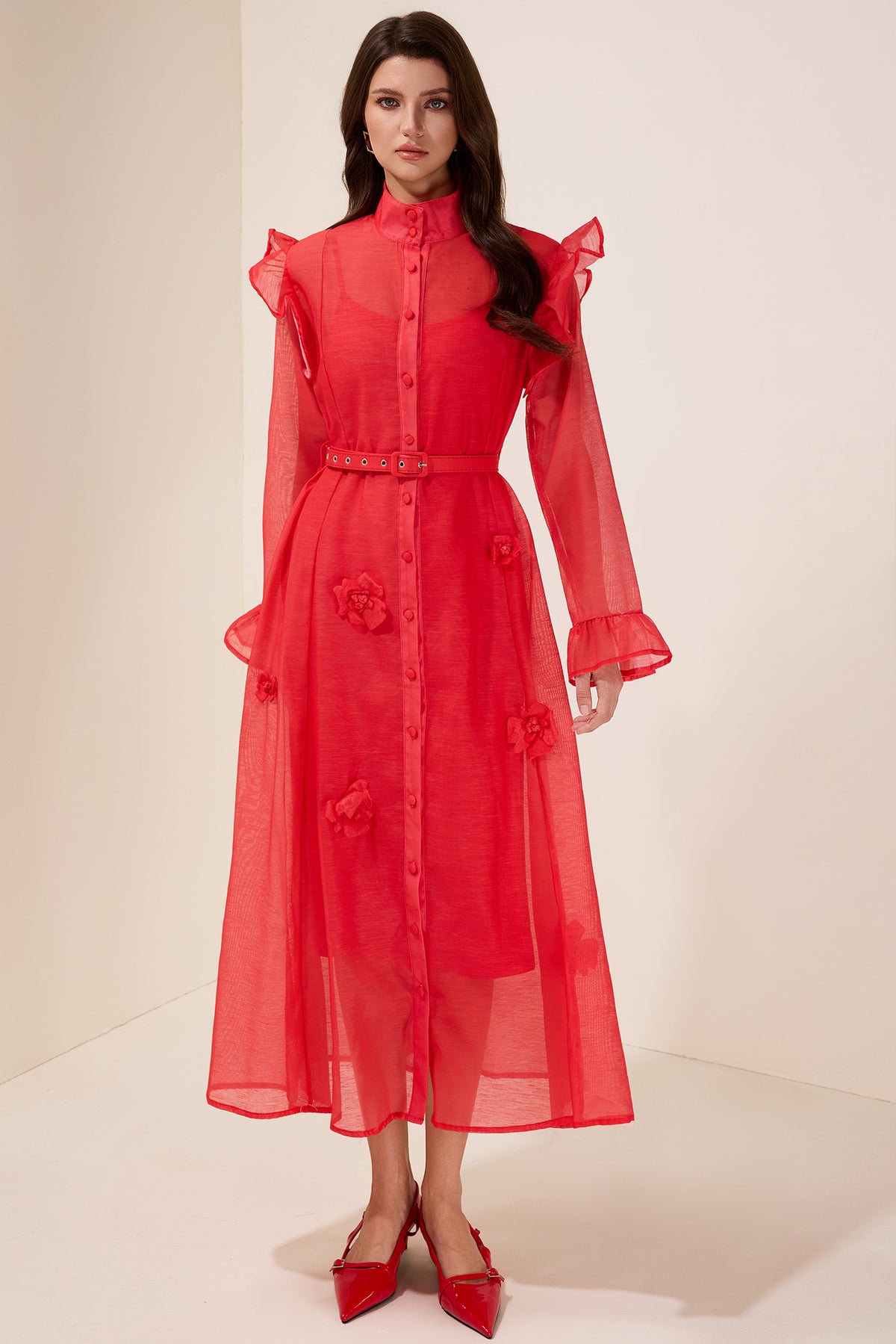 Solid 3D Floral Frill Midi Dress