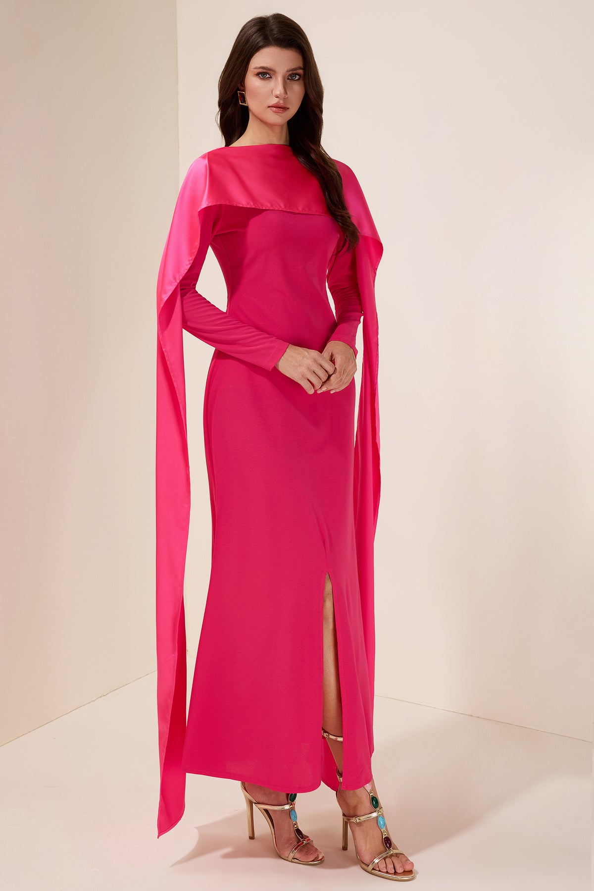 Faux Pearl Slit Long Sleeve Maxi Dress
