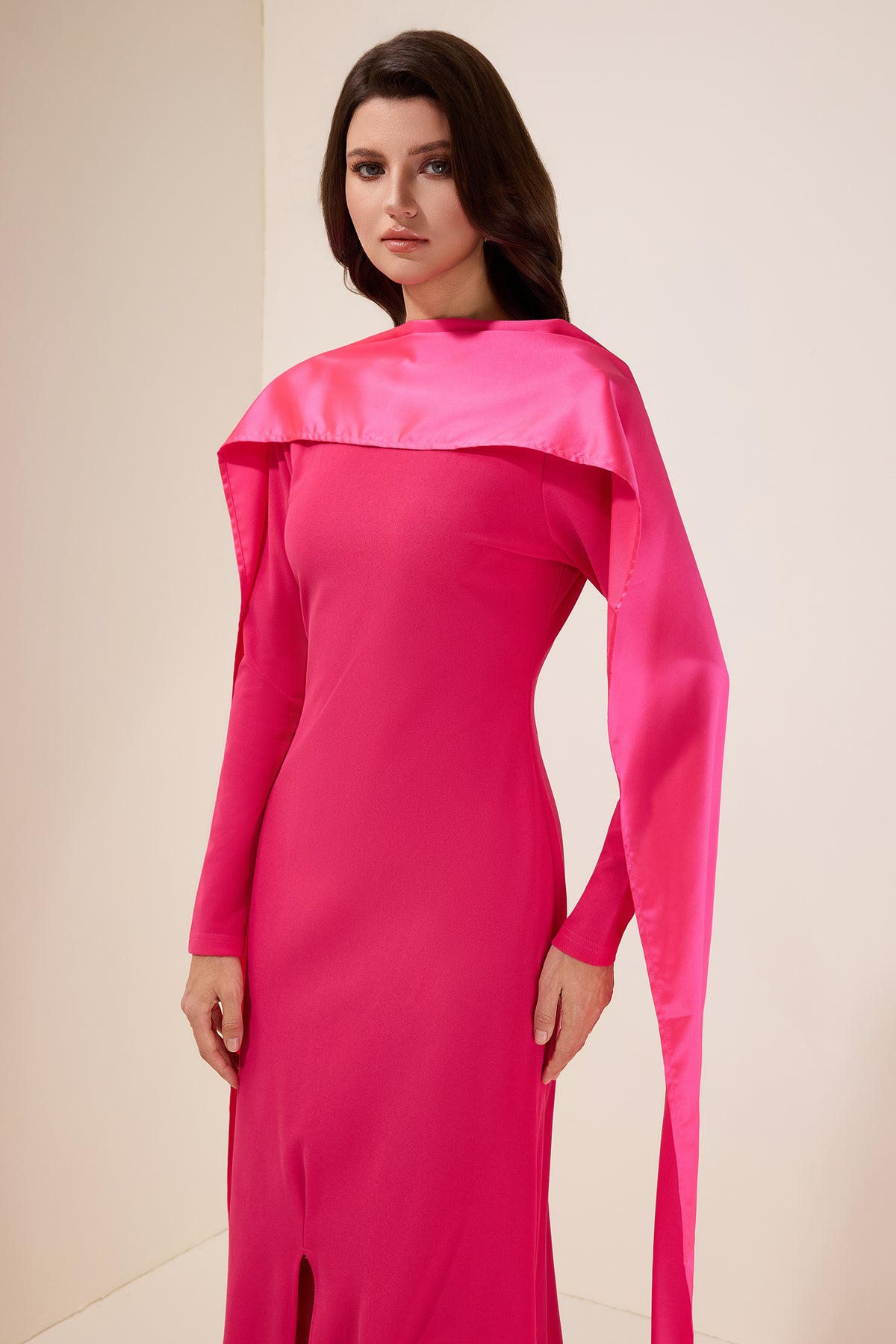 Faux Pearl Slit Long Sleeve Maxi Dress
