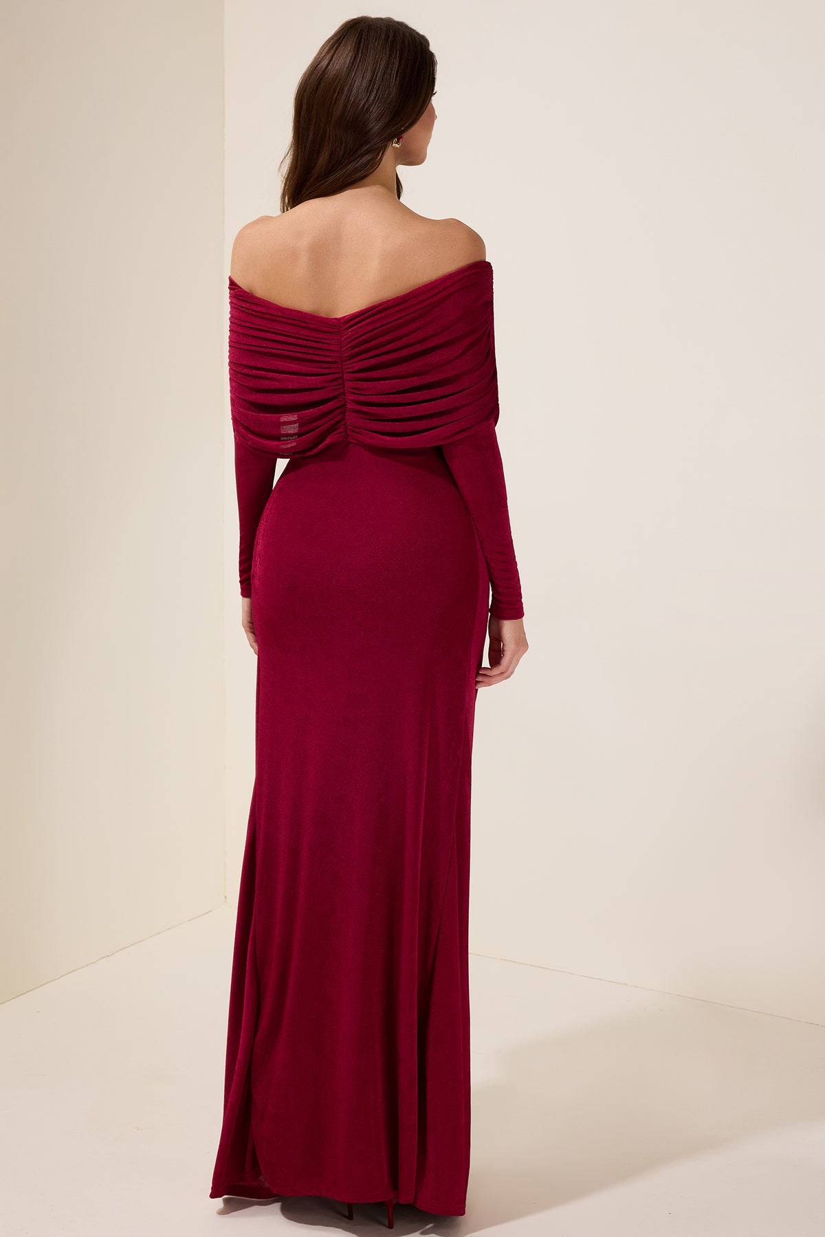 Solid Gathering Long Sleeve Maxi Dress