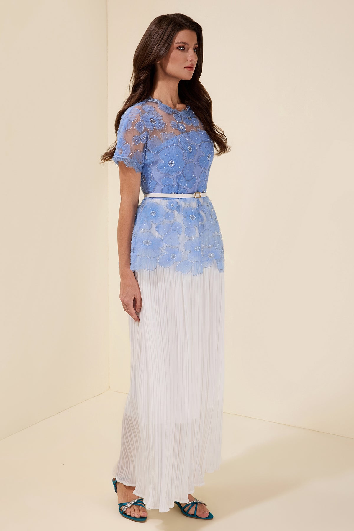 Lace Splicing Pleated Midi Dress With Belt