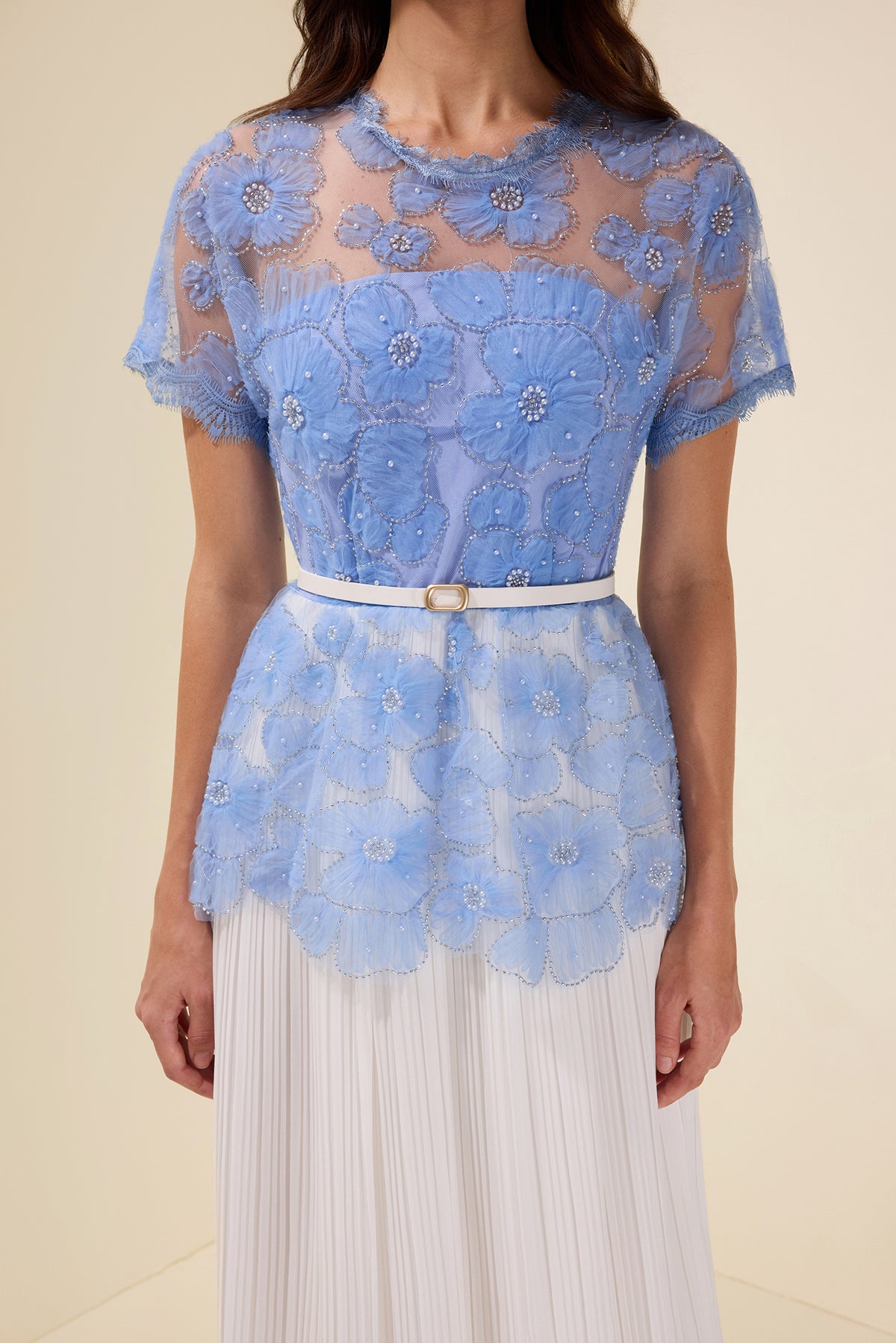 Lace Splicing Pleated Midi Dress With Belt
