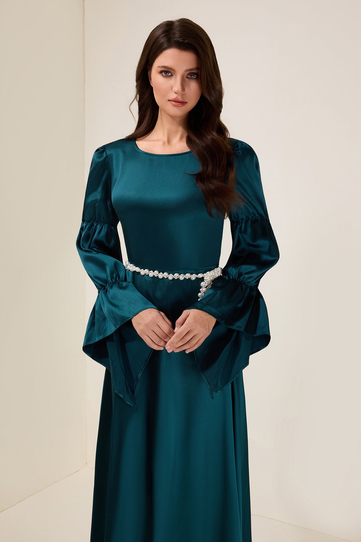 Satin Faux Pearl Round Neck Maxi Dress