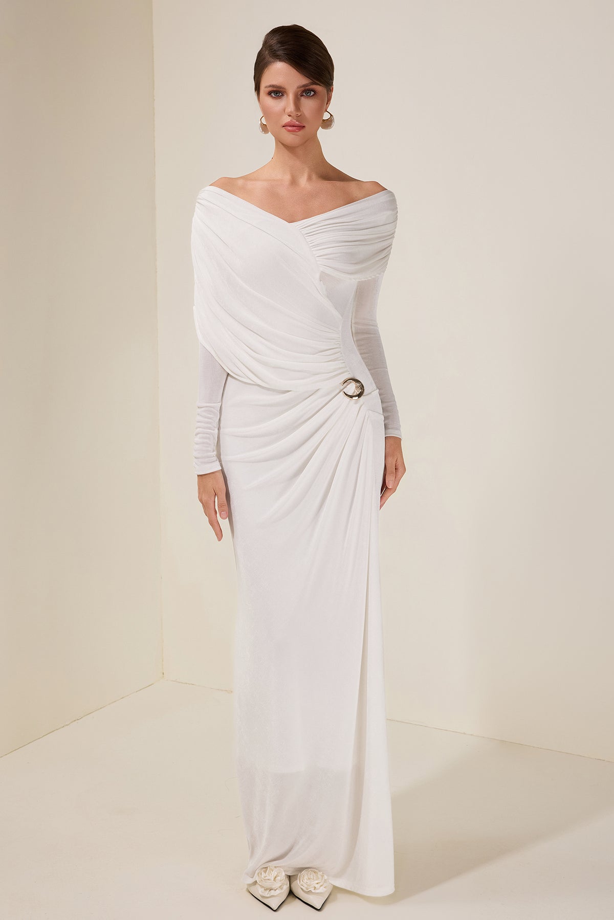 Solid Gathering Long Sleeve Maxi Dress