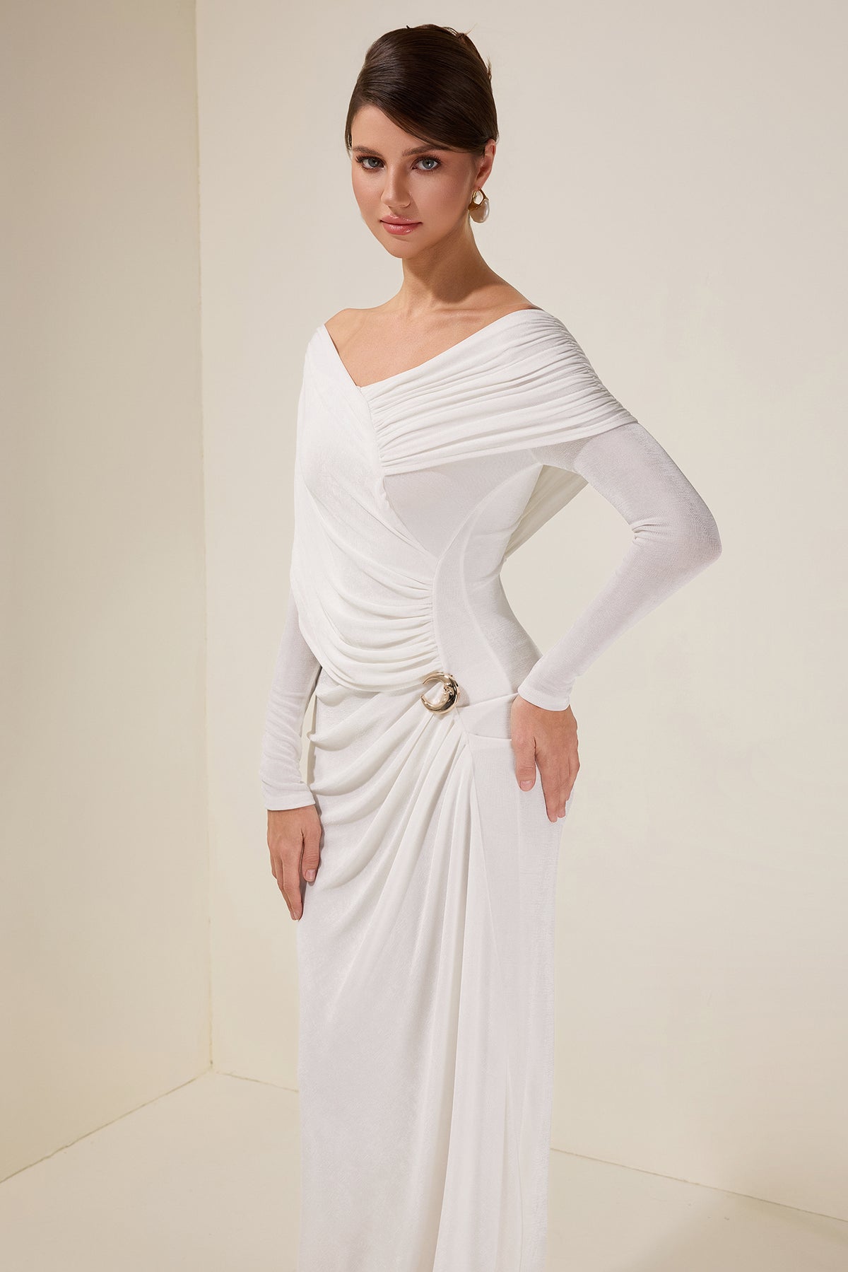 Solid Gathering Long Sleeve Maxi Dress