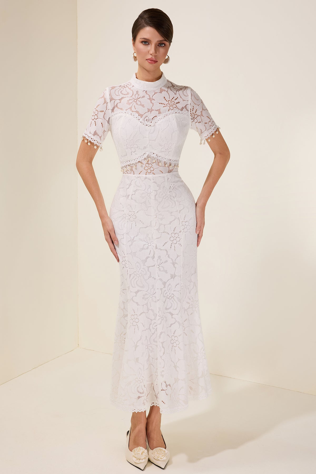 Lace See-Through Faux Pearl Midi Dress