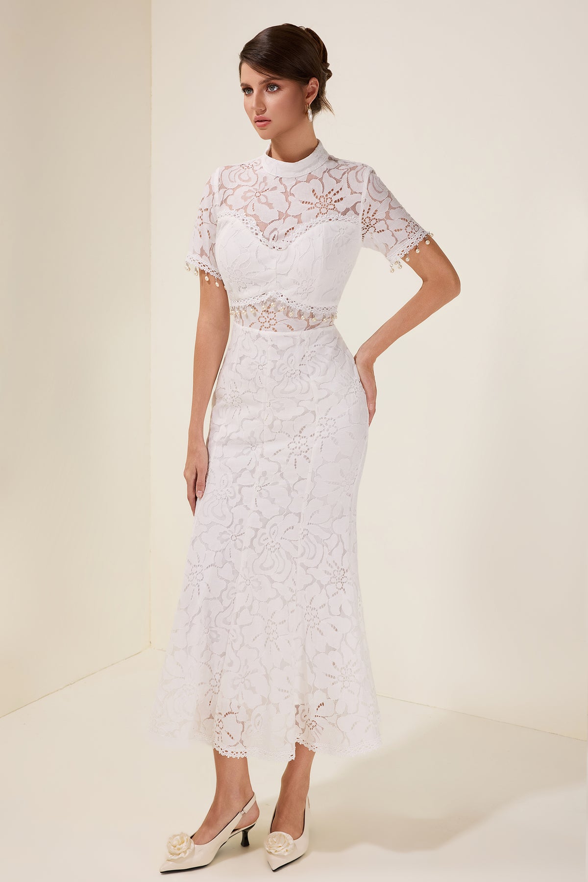 Lace See-Through Faux Pearl Midi Dress