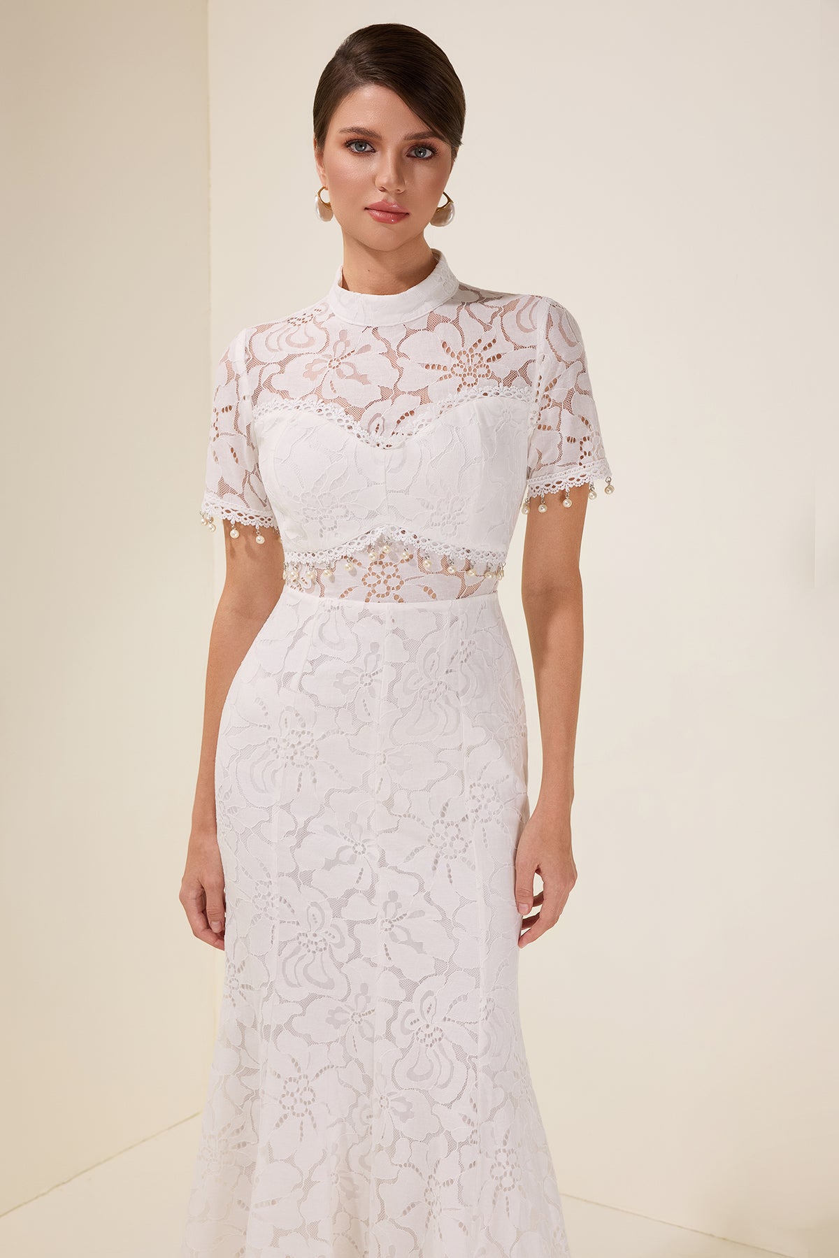 Lace See-Through Faux Pearl Midi Dress