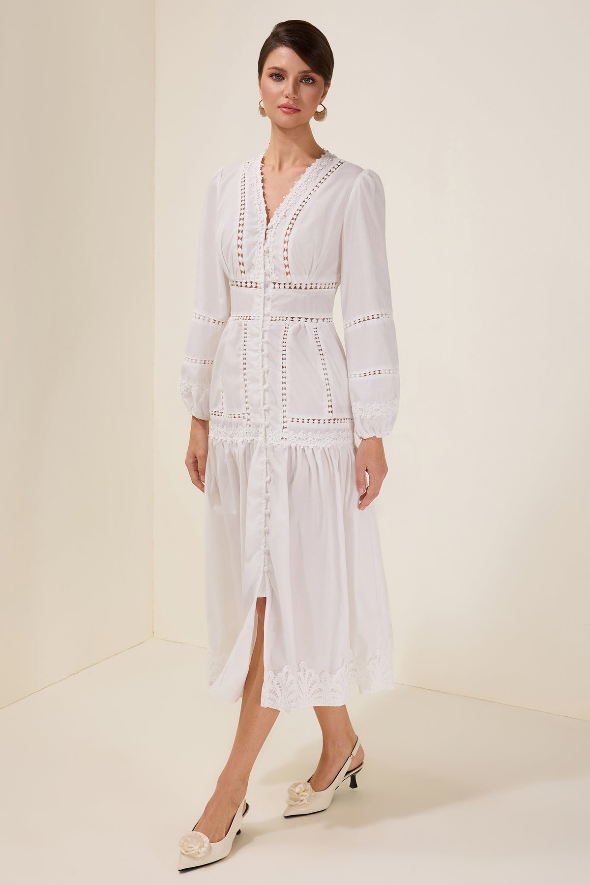 Lace Single Breasted Lantern Sleeve Midi Dress