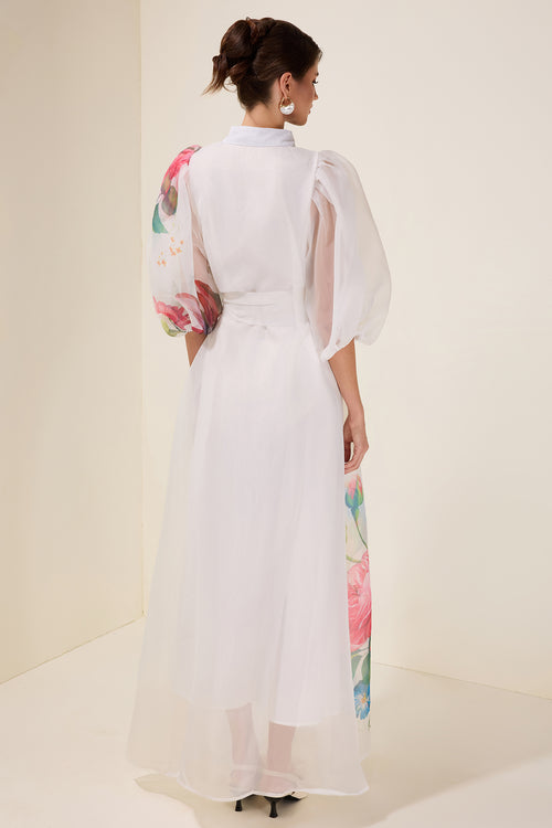 3D Flower Puff Sleeve Single Breasted Midi Dress