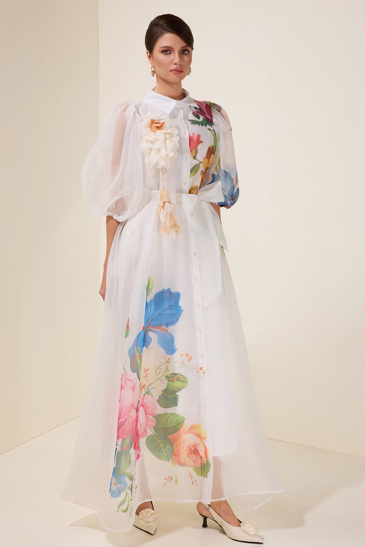 3D Flower Puff Sleeve Single Breasted Midi Dress