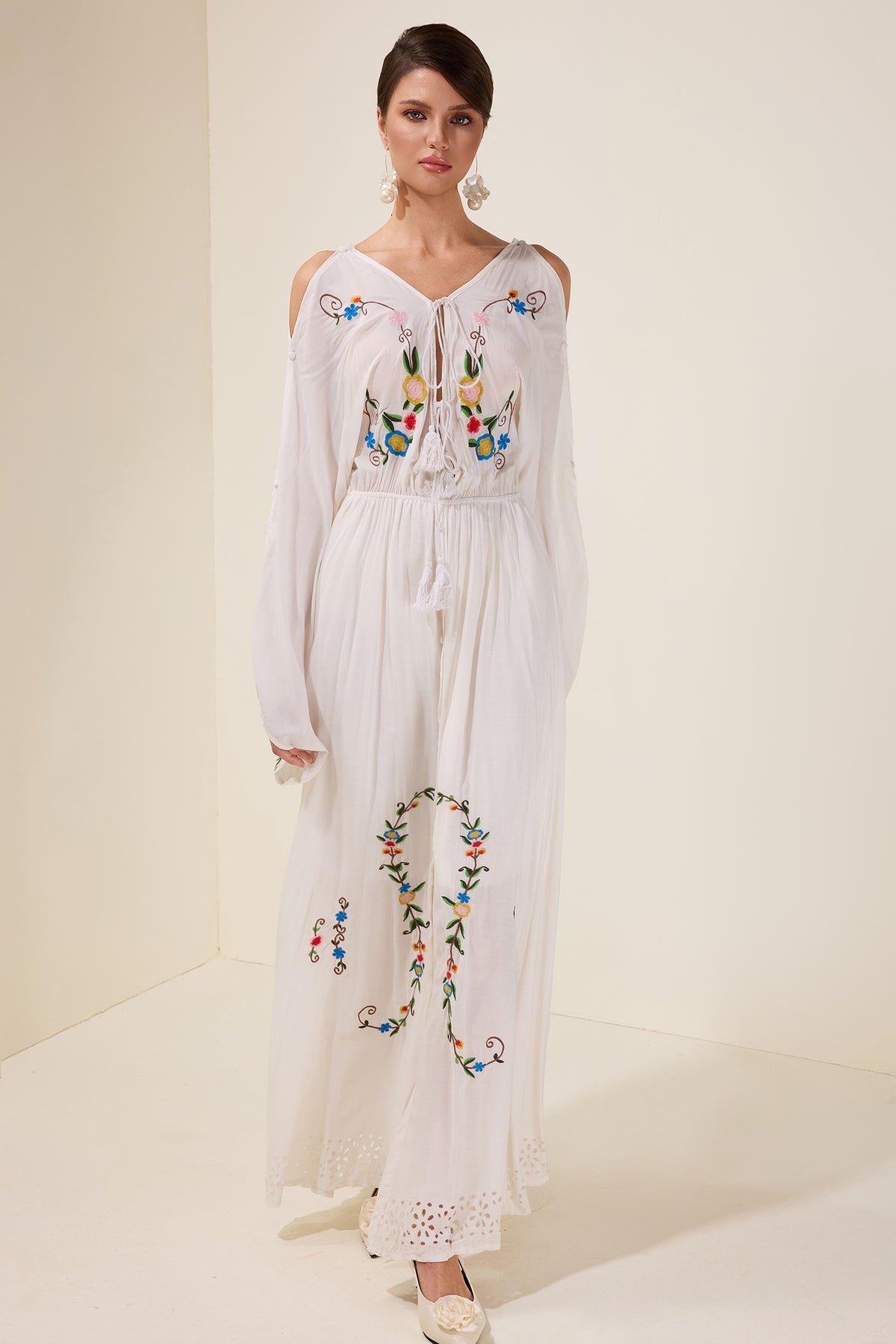 Embroidered Floral Tie-Up Midi Dress