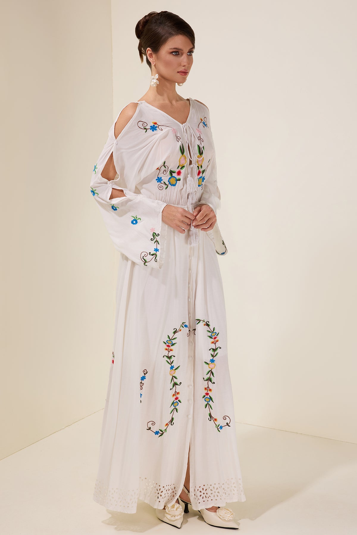 Embroidered Floral Tie-Up Midi Dress
