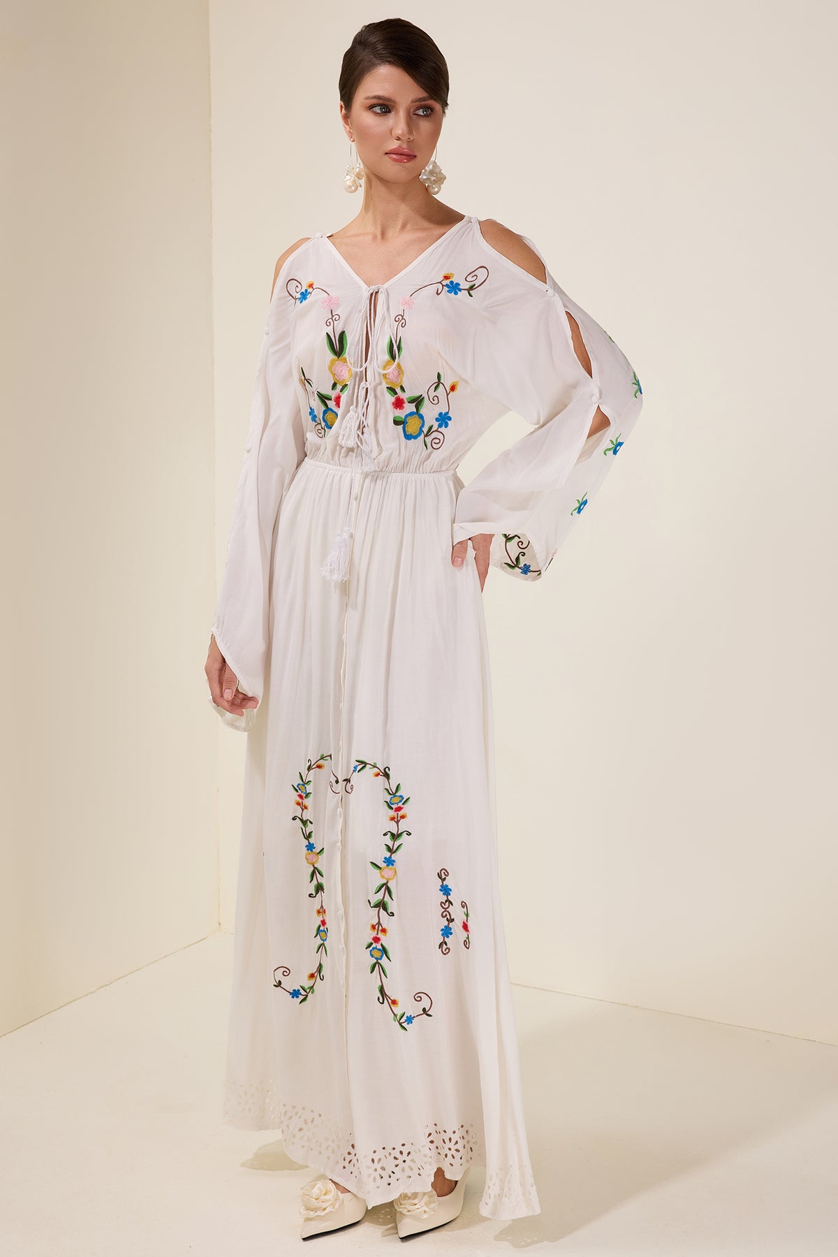 Embroidered Floral Tie-Up Midi Dress
