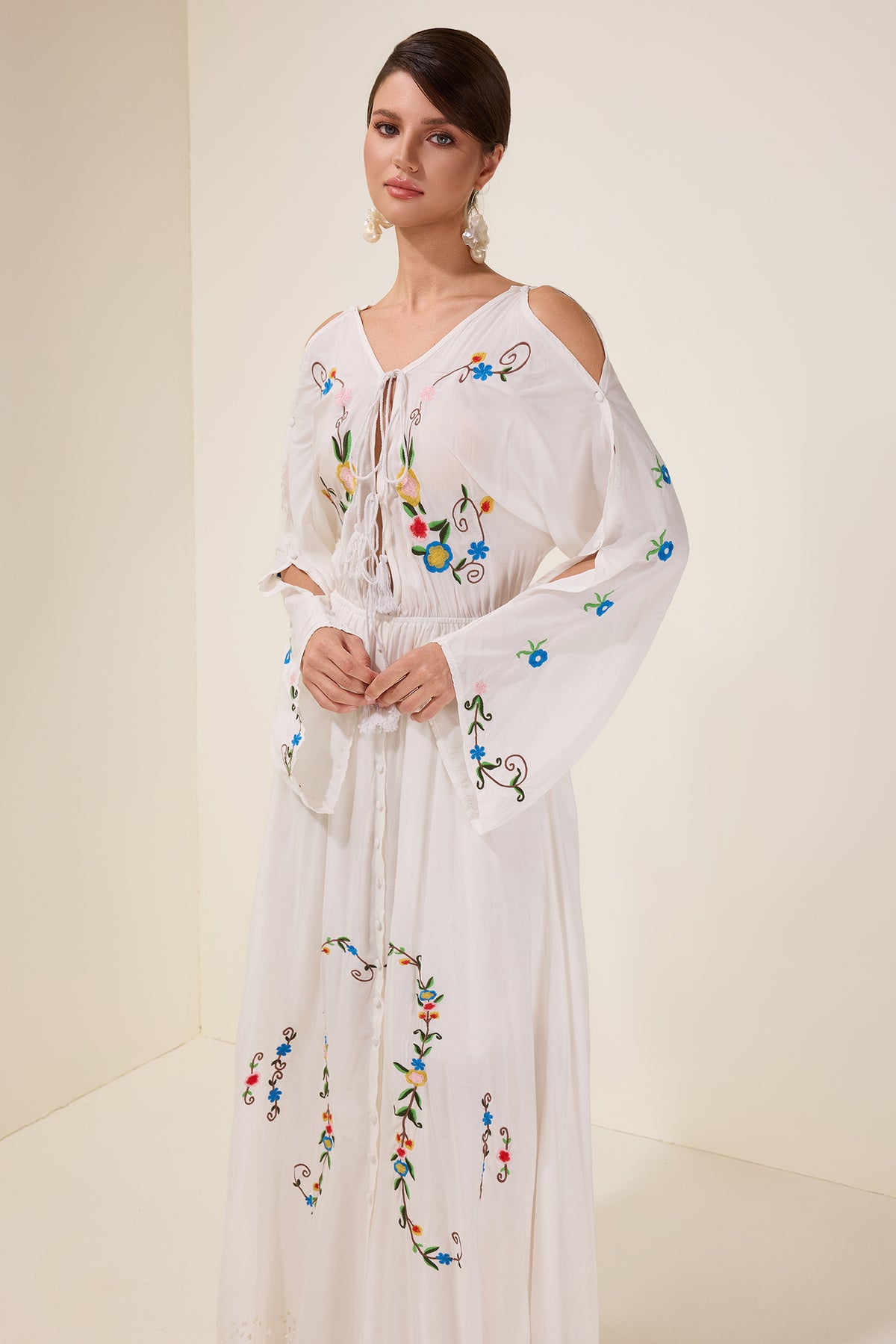 Embroidered Floral Tie-Up Midi Dress