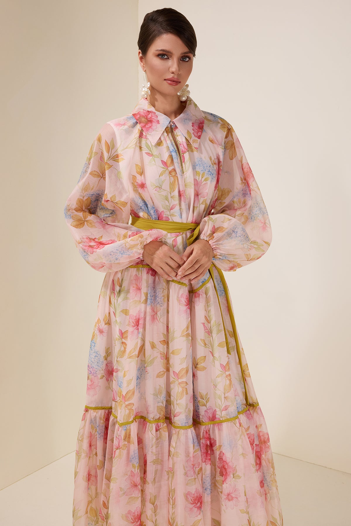 Floral Flapped Lantern Sleeve Midi Dress