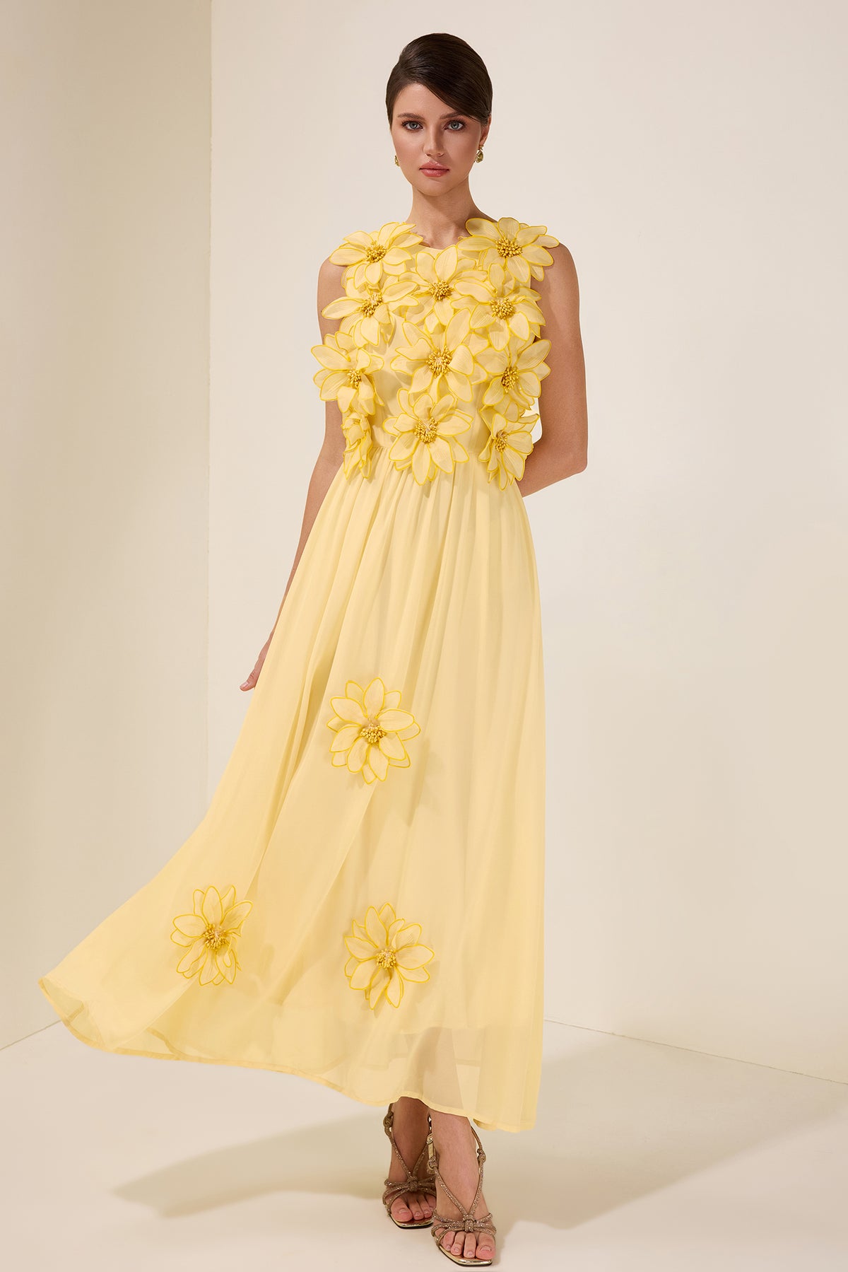 3D Flower Chiffon Sleeveless Midi Dress