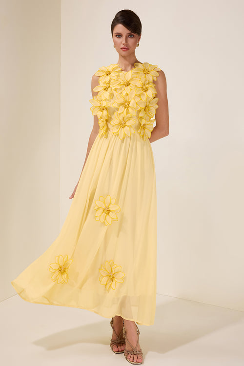3D Flower Chiffon Sleeveless Midi Dress