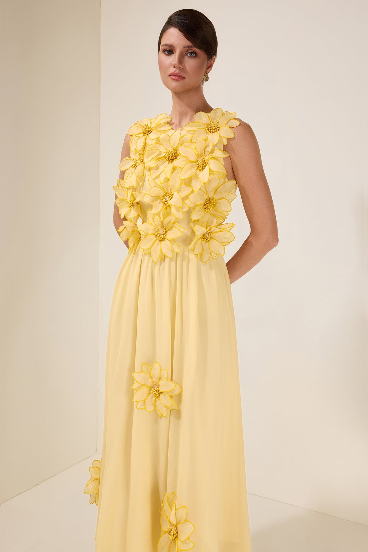 3D Flower Chiffon Sleeveless Midi Dress