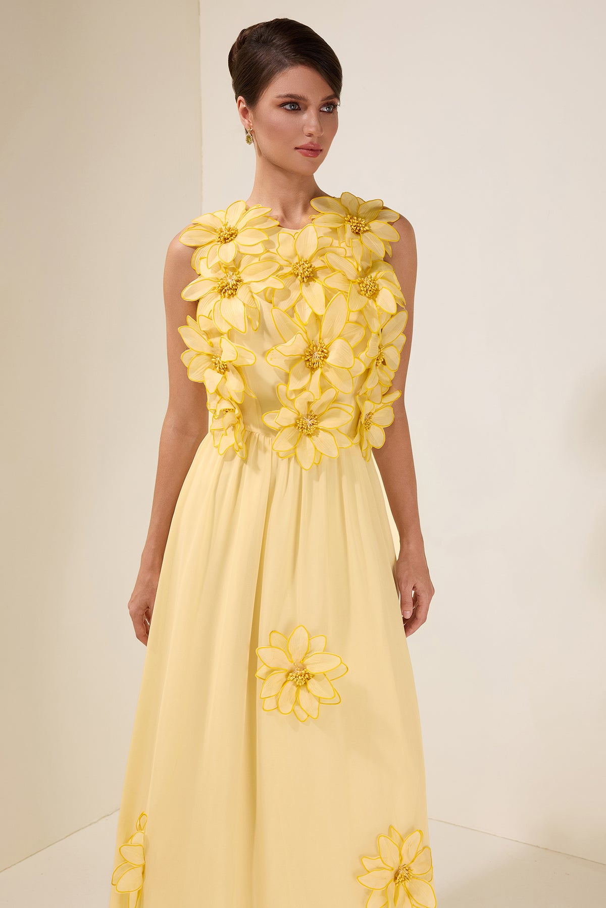 3D Flower Chiffon Sleeveless Midi Dress