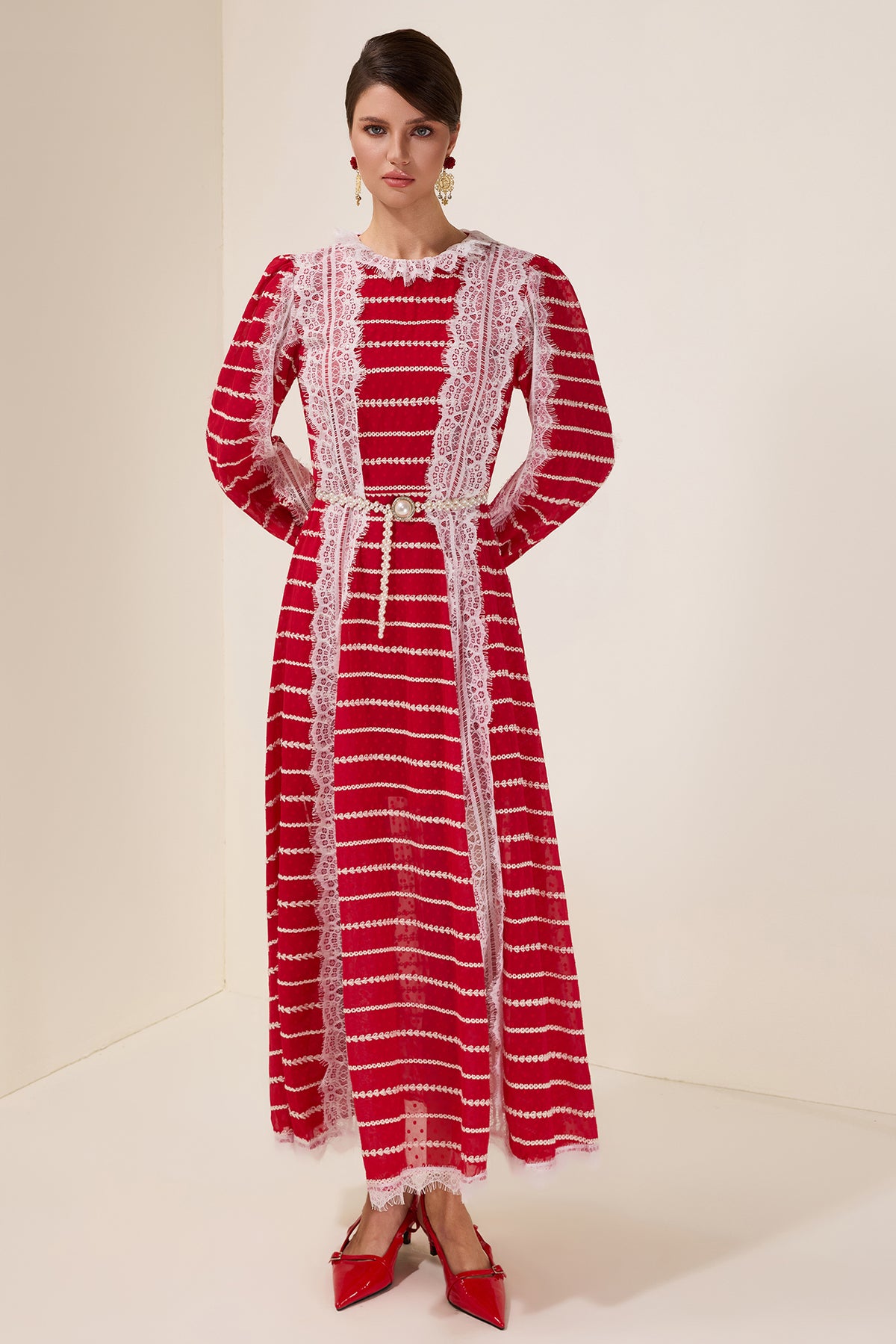Lace Splicing Embroidered Long Sleeve Maxi Dress With Belt