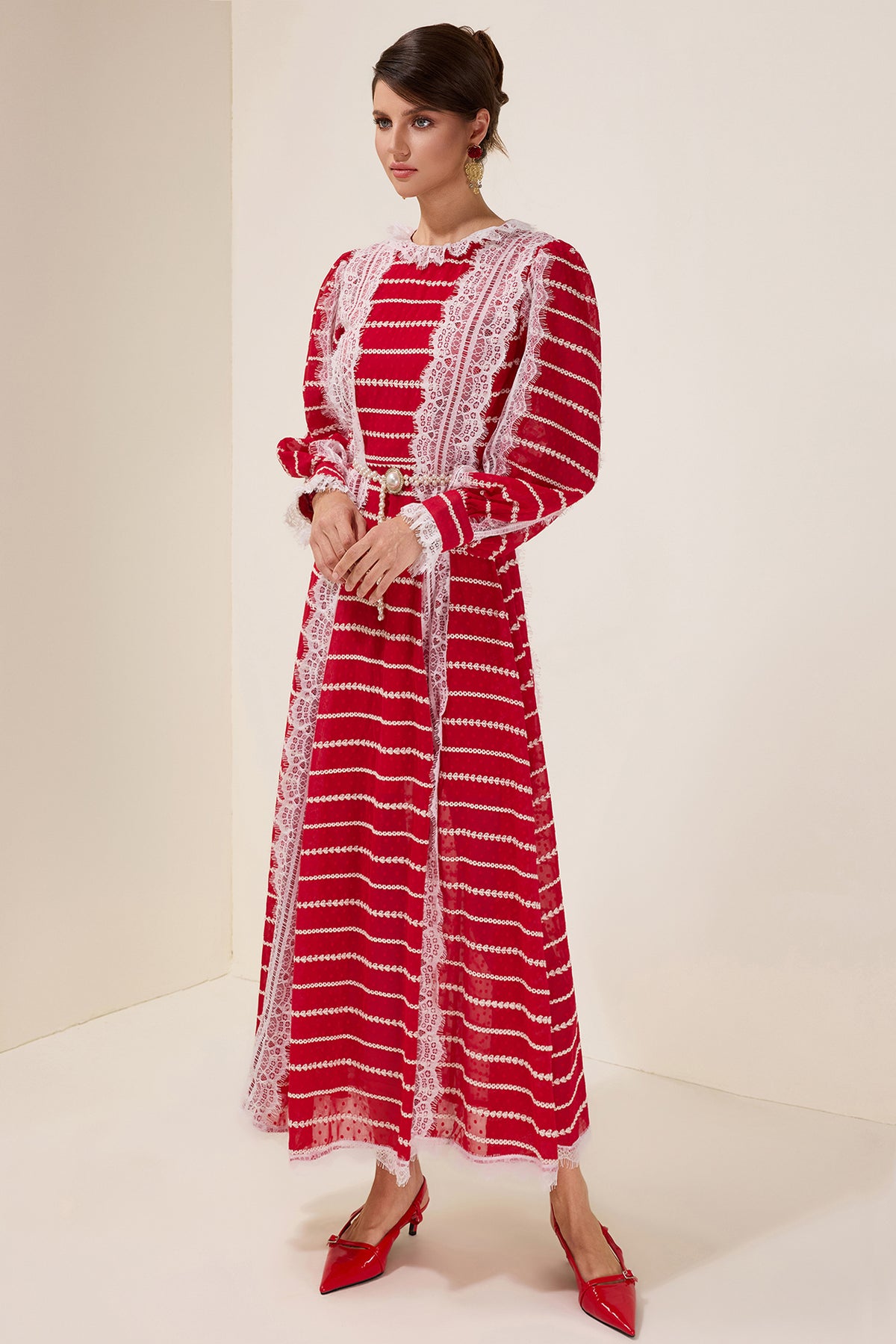 Lace Splicing Embroidered Long Sleeve Maxi Dress With Belt