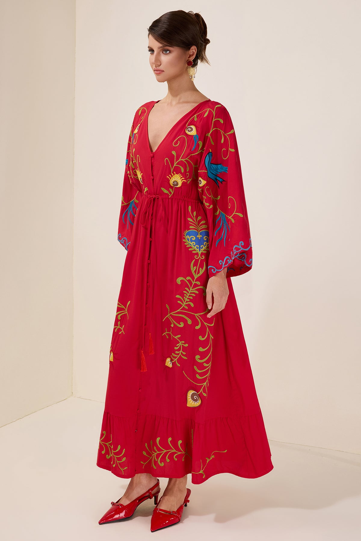 Embroidered V-Neck Single Breasted Maxi Dress With Belt
