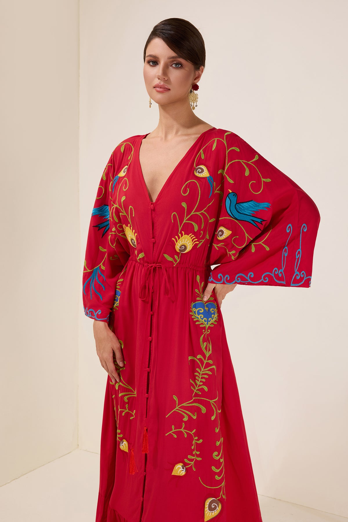 Embroidered V-Neck Single Breasted Maxi Dress With Belt