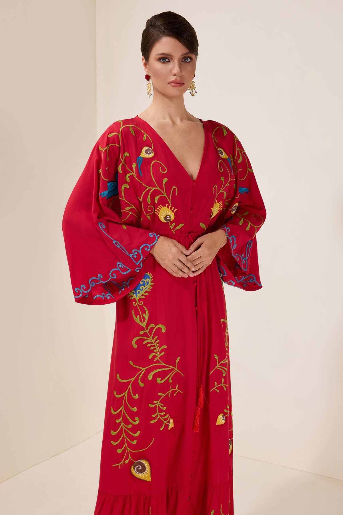 Embroidered V-Neck Single Breasted Maxi Dress With Belt