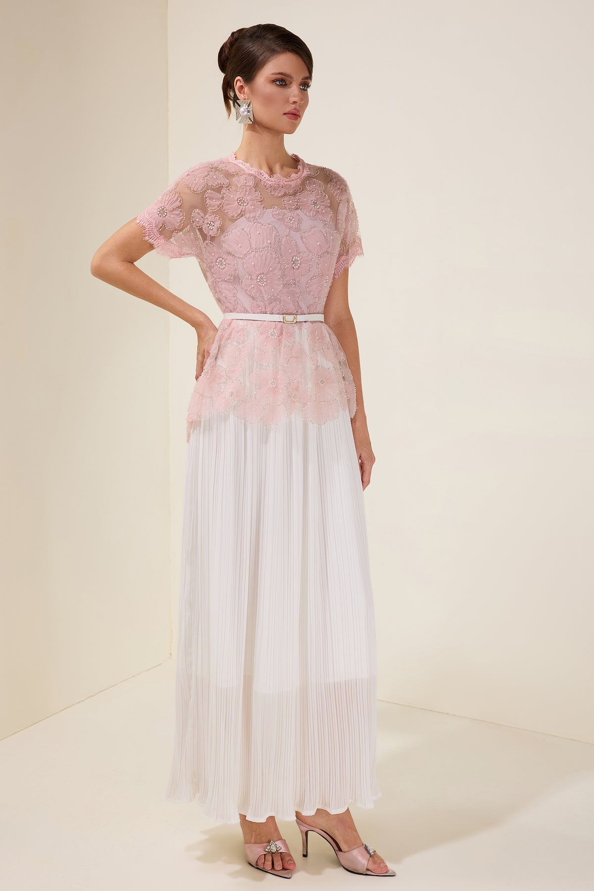 Lace Splicing Pleated Midi Dress With Belt