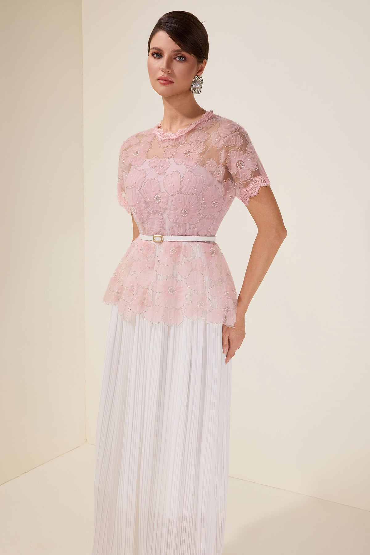 Lace Splicing Pleated Midi Dress With Belt