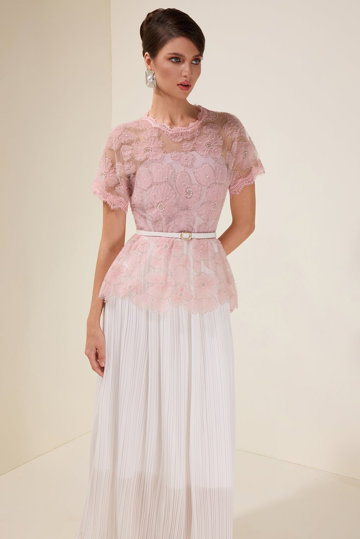 Lace Splicing Pleated Midi Dress With Belt