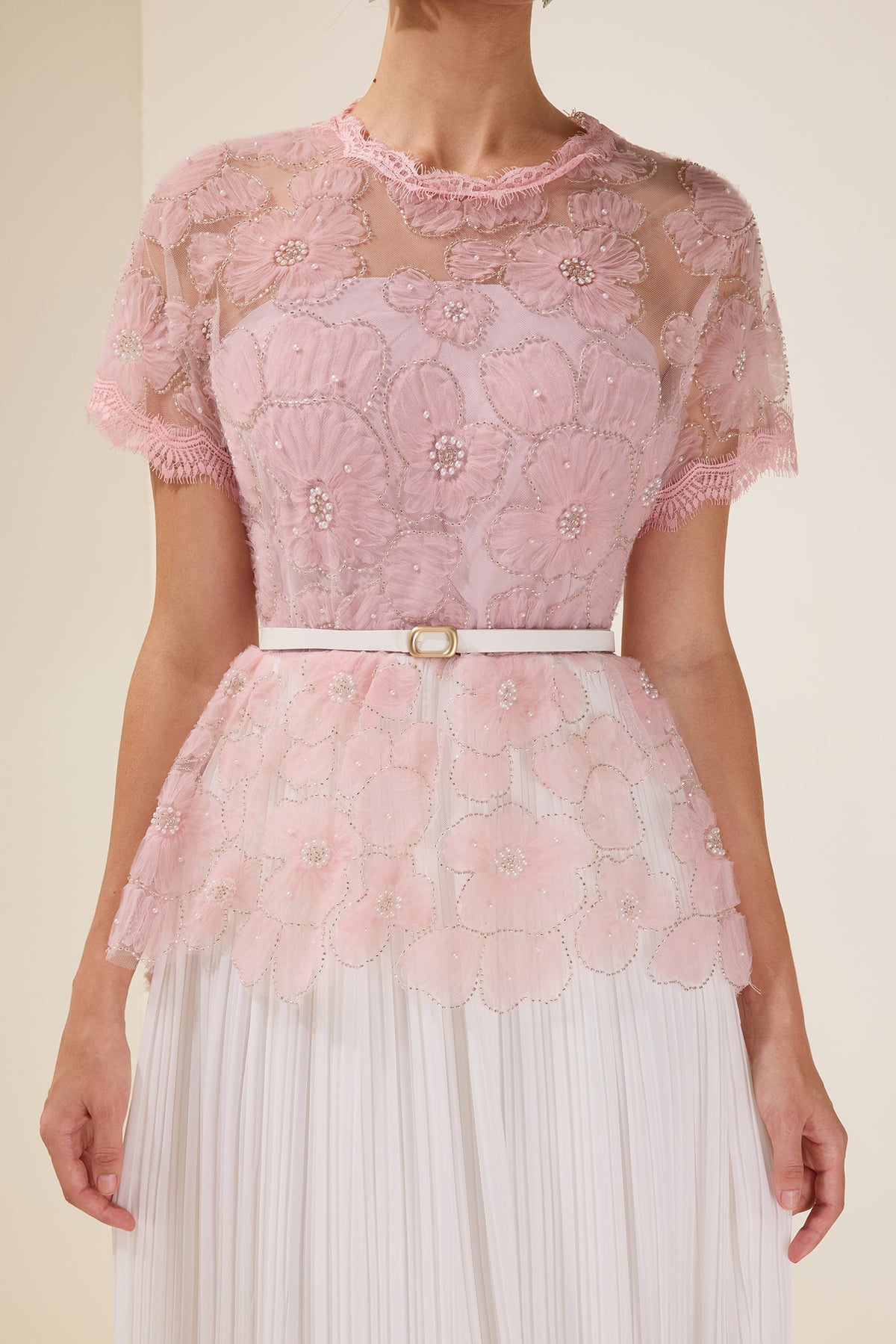 Lace Splicing Pleated Midi Dress With Belt