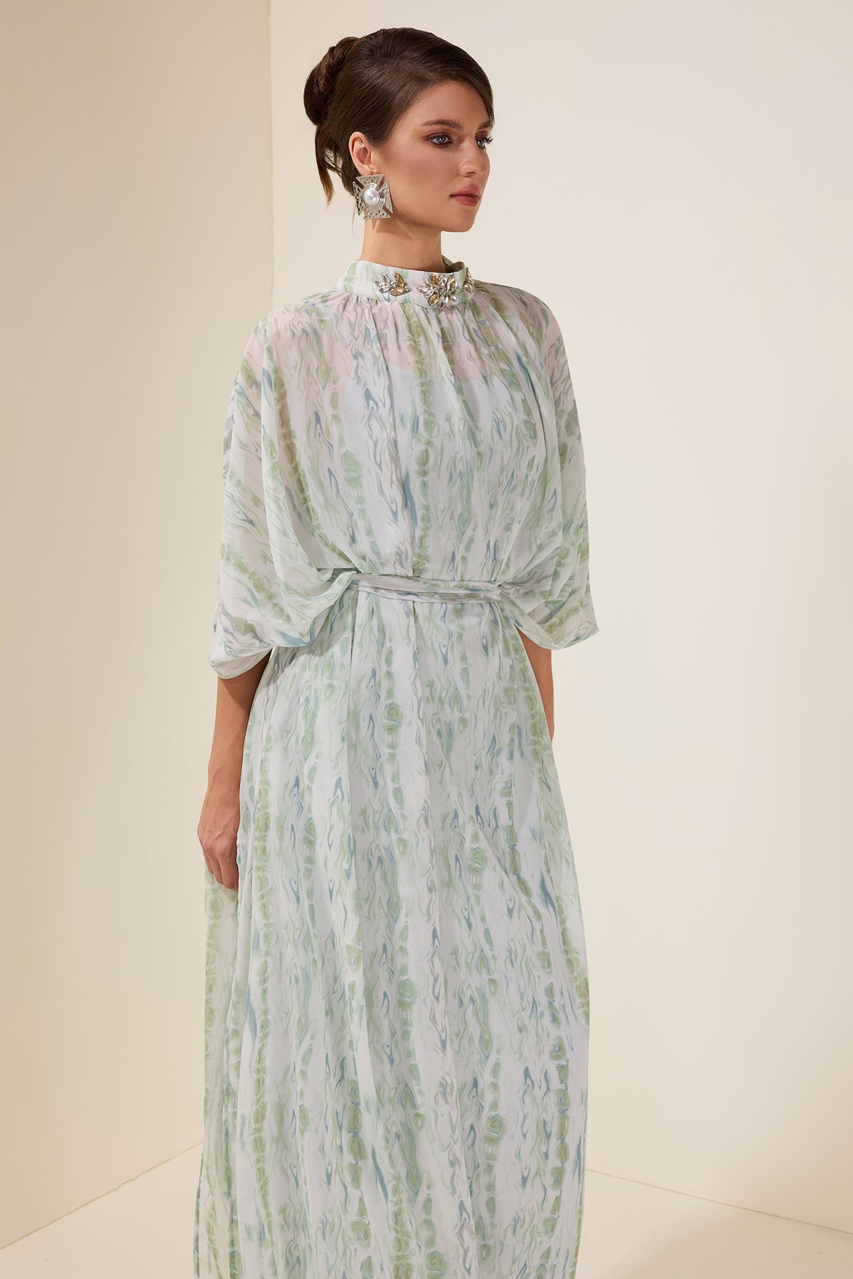 Rhinestone Batwing Sleeve Maxi Dress With Belt