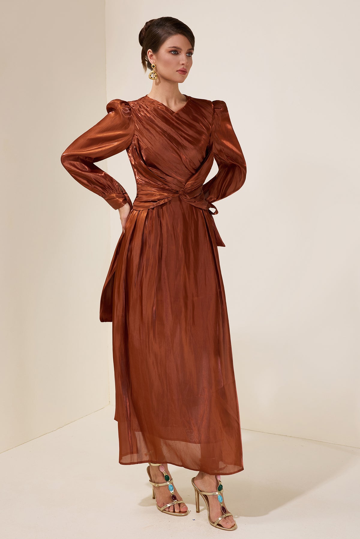 Satin Gathering Knotted Midi Dress