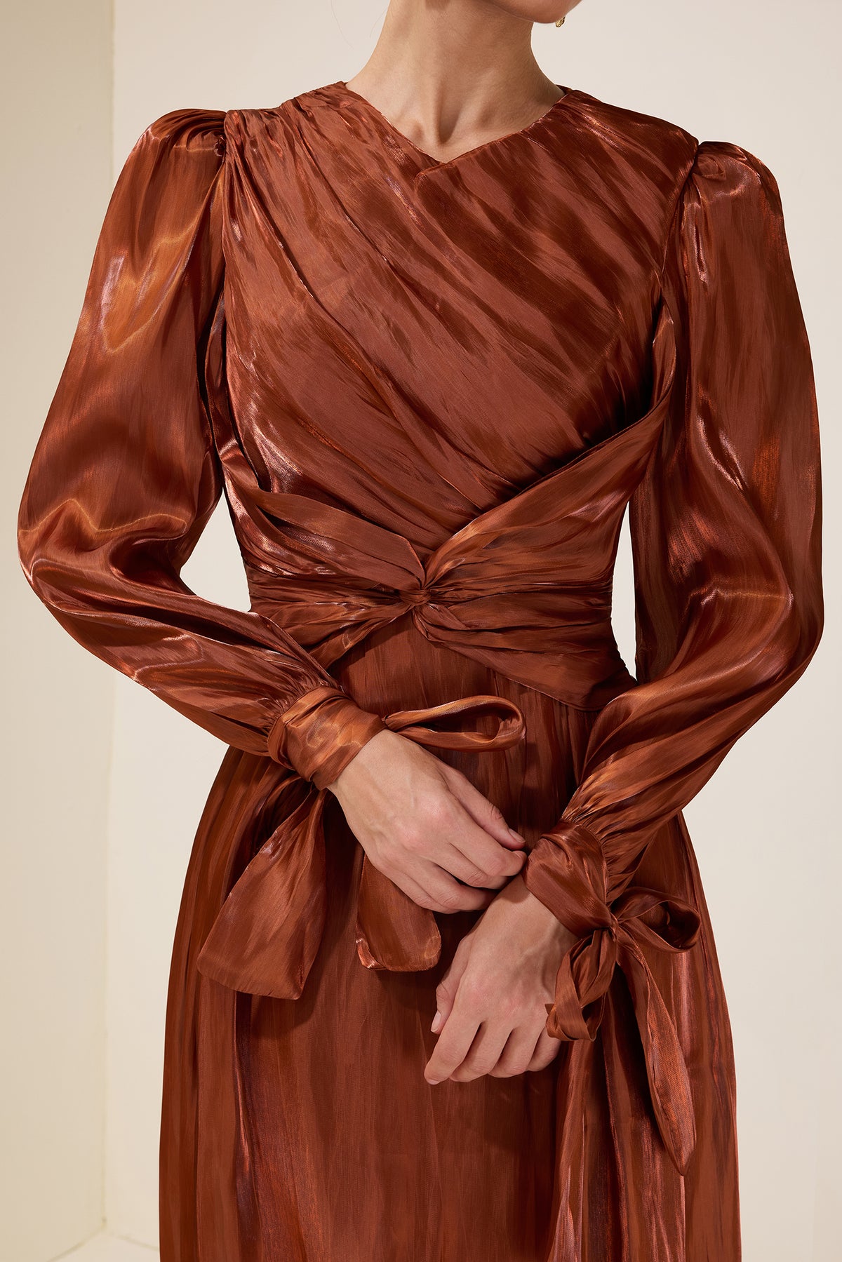 Satin Gathering Knotted Midi Dress