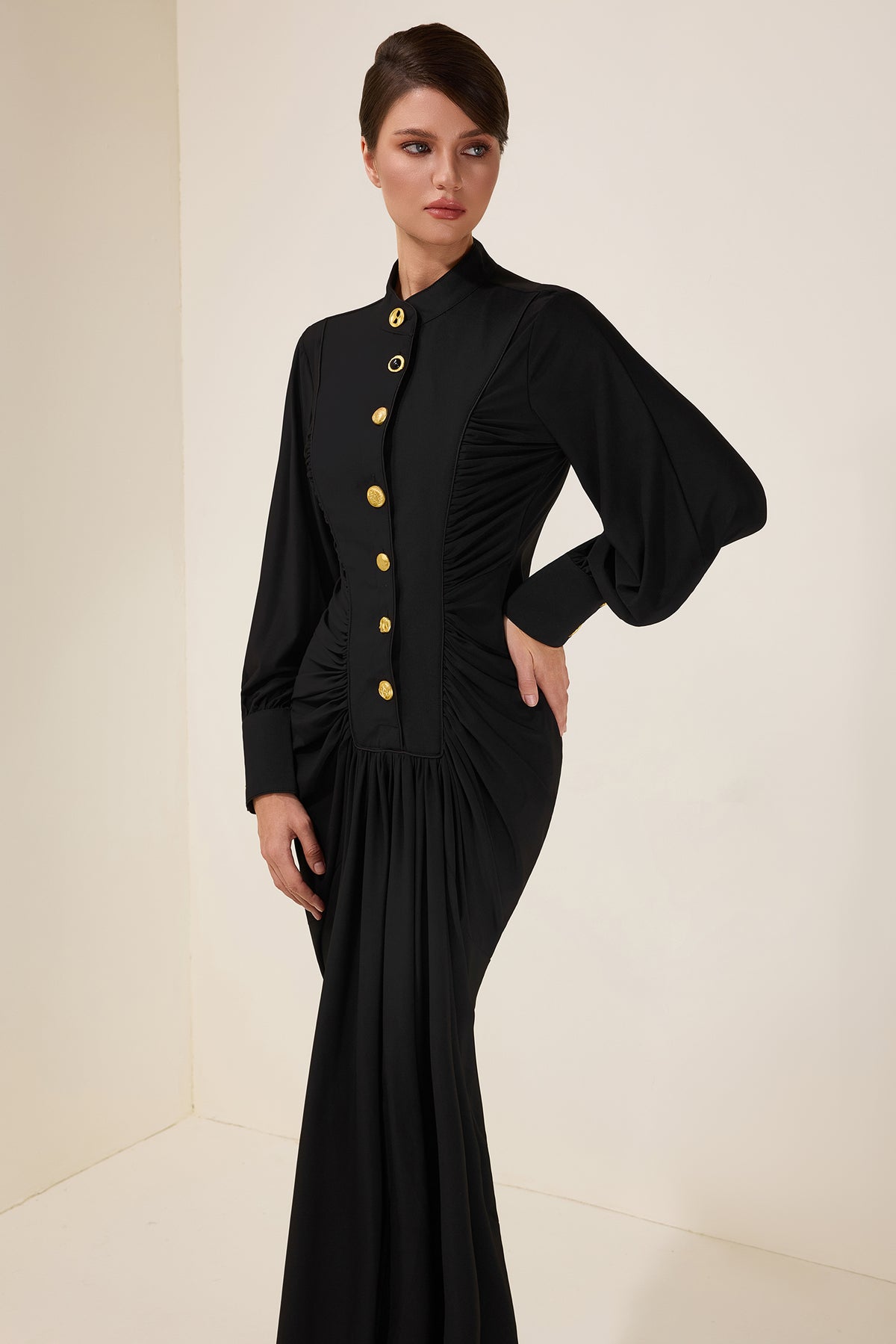 Metal Button Gathering Long Sleeve Midi Dress