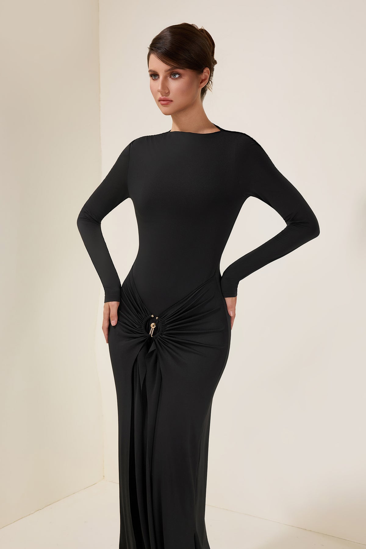 Jersey Knotted Metal Button Maxi Dress
