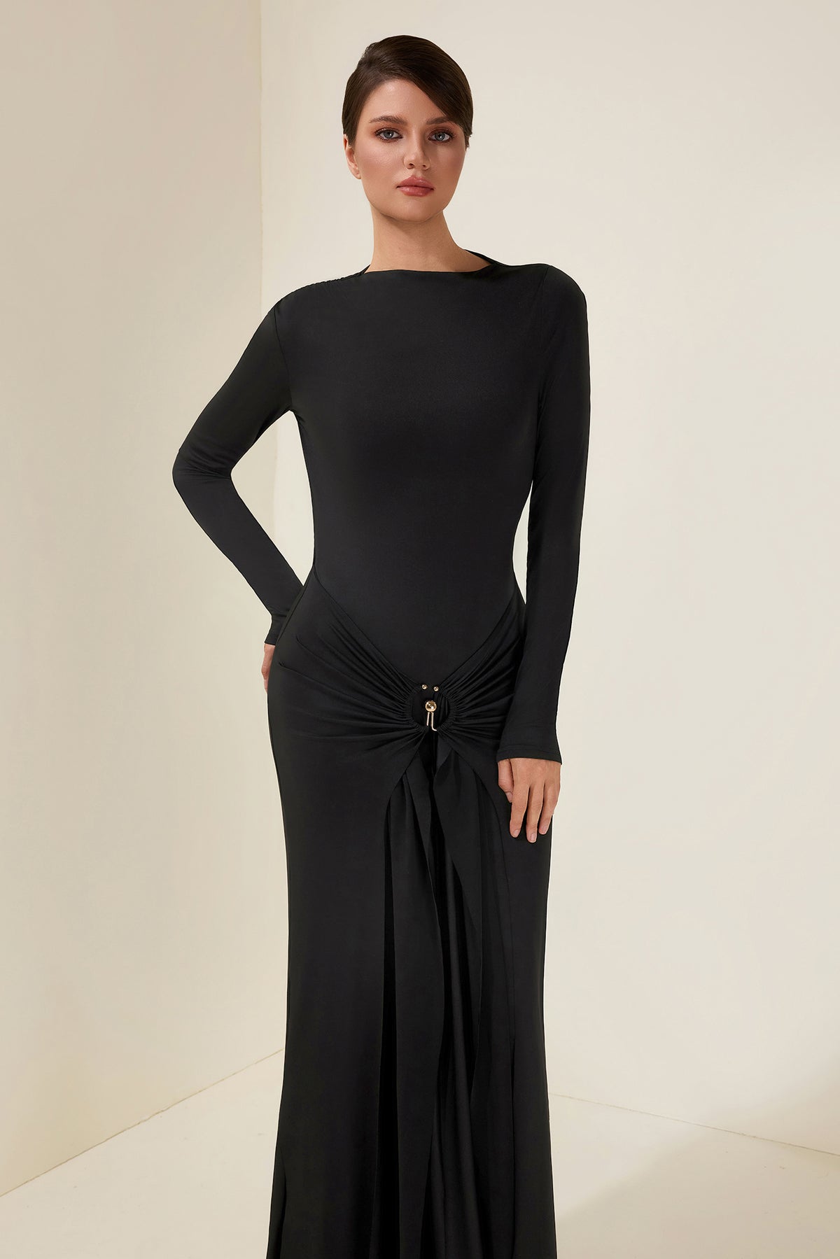 Jersey Knotted Metal Button Maxi Dress