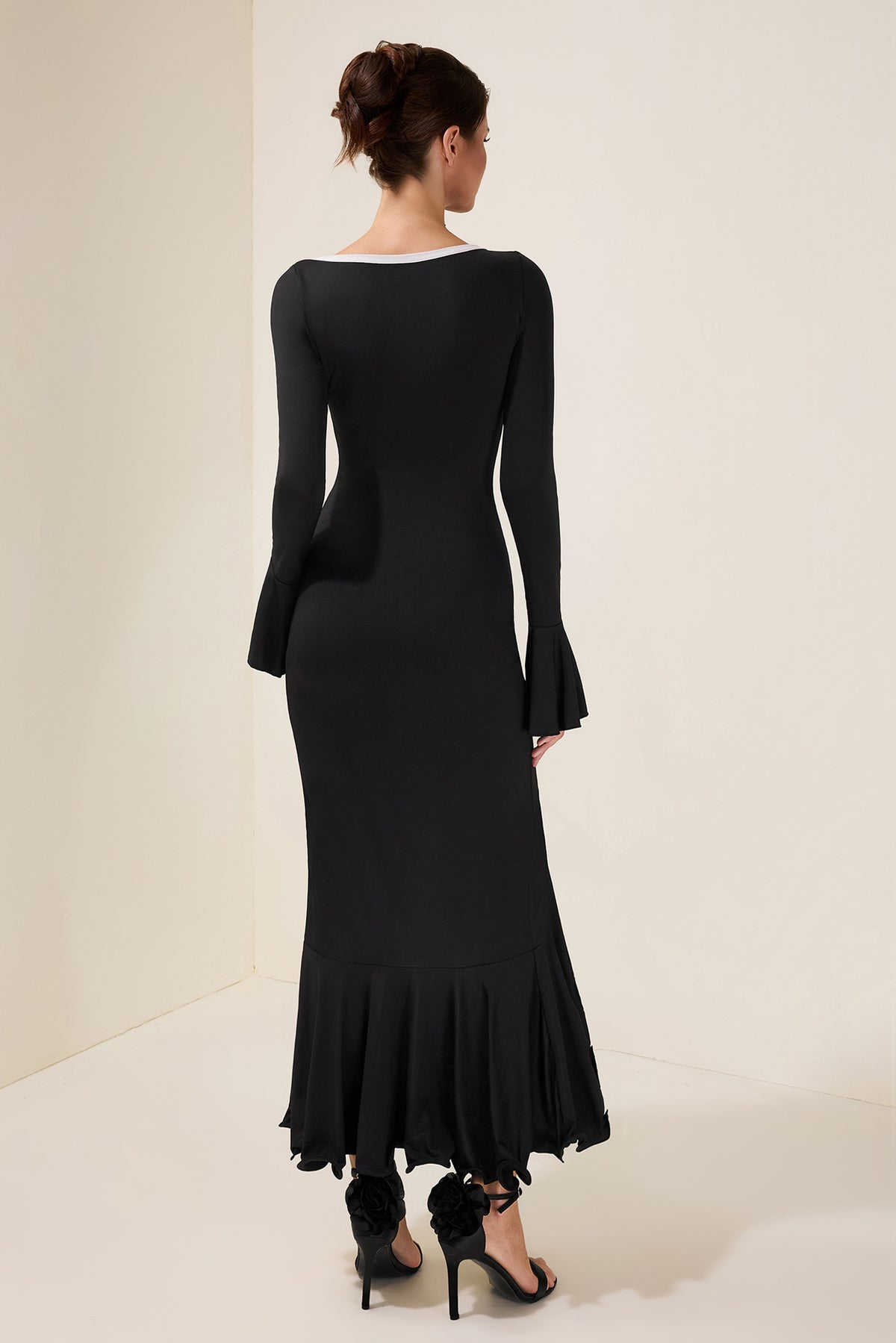 Jersey Single Breasted Ruffle Midi Dress
