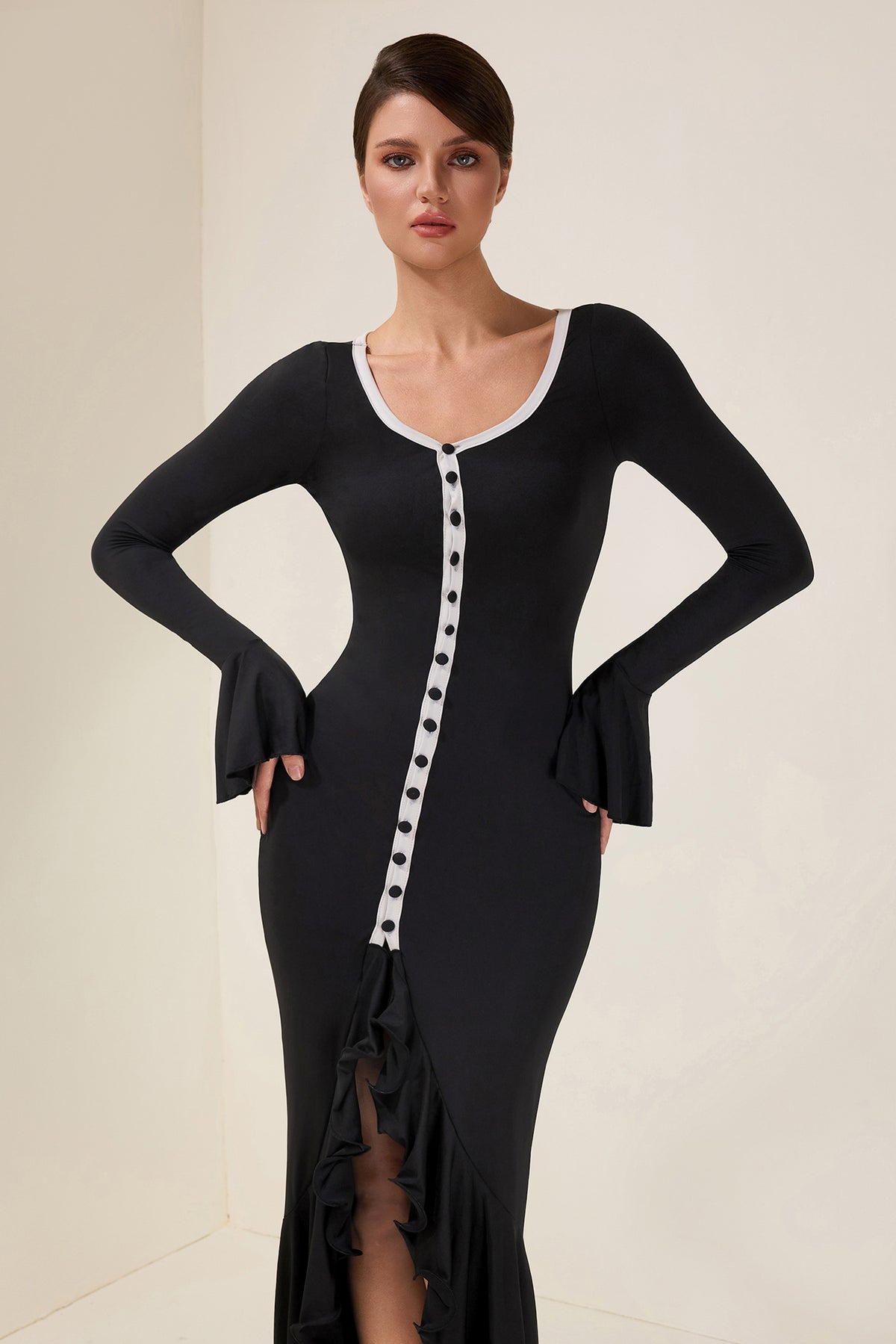 Jersey Single Breasted Ruffle Midi Dress